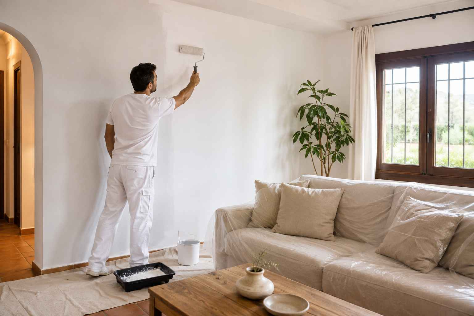 Pintor trabajando en una fachada blanca, imagen para servicio de pintura en Montilla