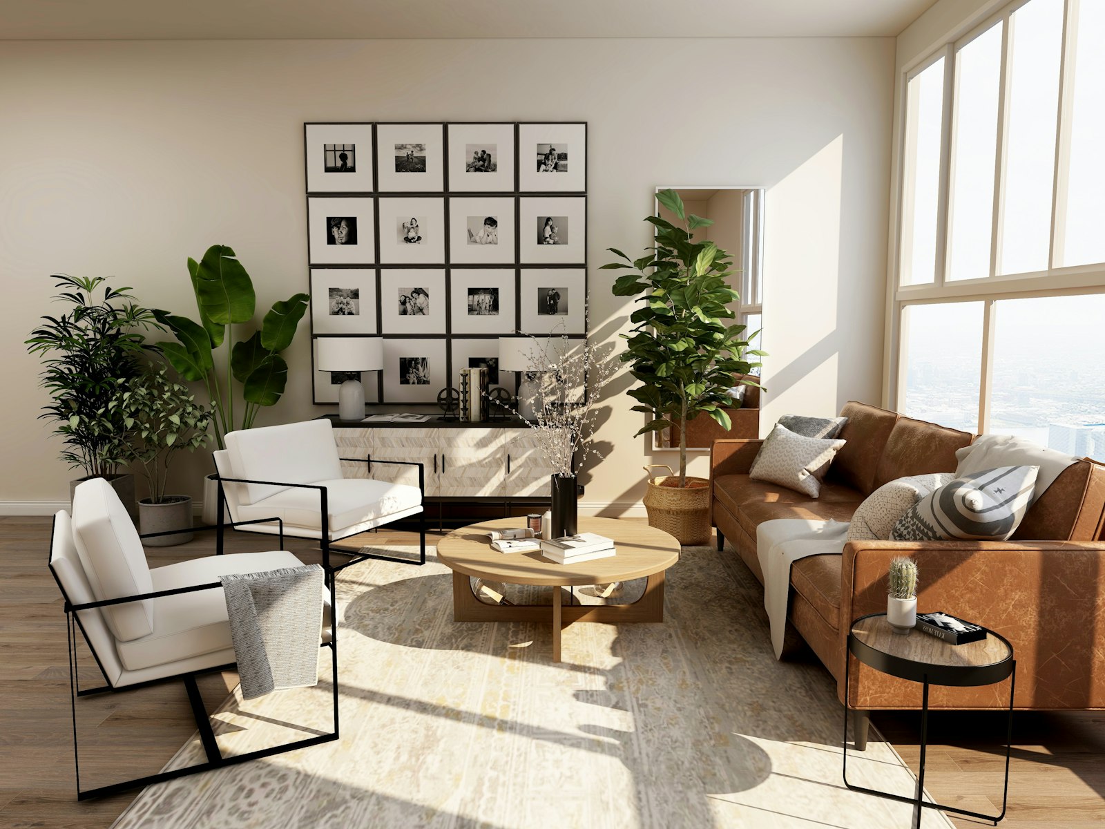 Salón luminoso decorado con plantas, sofá de piel y butacas blancas