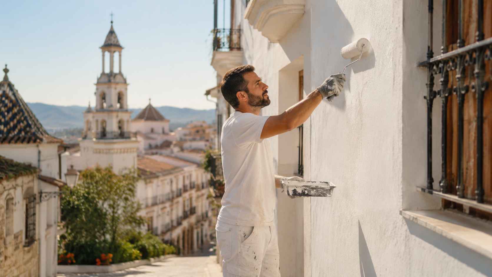 Pintor trabajando en una fachada blanca, imagen para servicio de pintura en Lucena