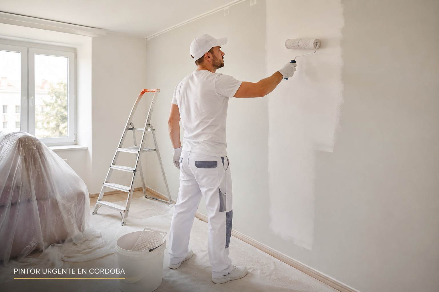 Pintor en Córdoba preparando una pared interior